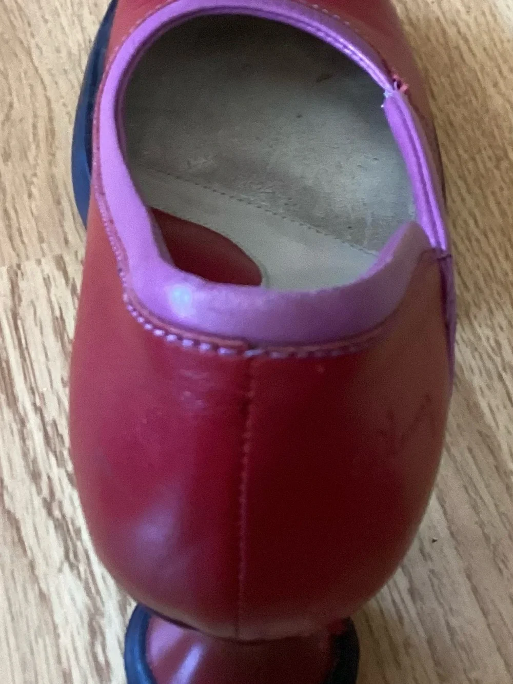 John Fluevog Red Leather Pumps With Purple Trim, Size 12, Spool Heel